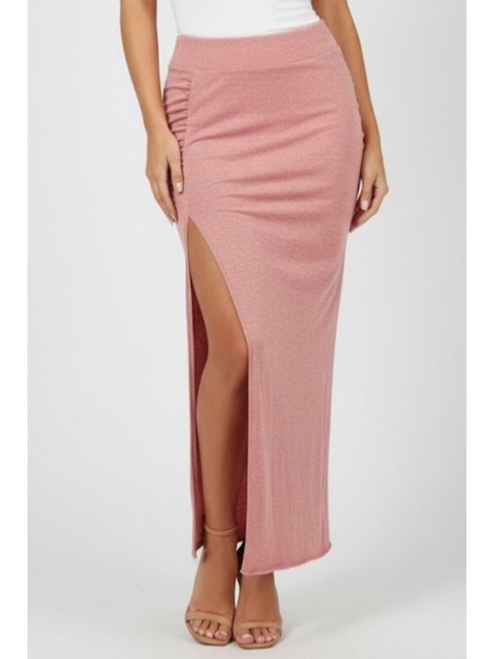 Free People Beach Pink Side Ruched & Slit Maxi Skirt | M | Coastal Boho Coquette